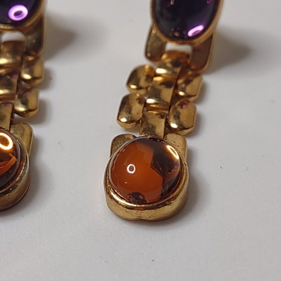 Purple Orange And Gold Tone Link Dangle Earrings - Picture 4 of 15